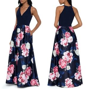 NEW XSCAPE Petite Navy Long Floral Skirt Gown 6P
